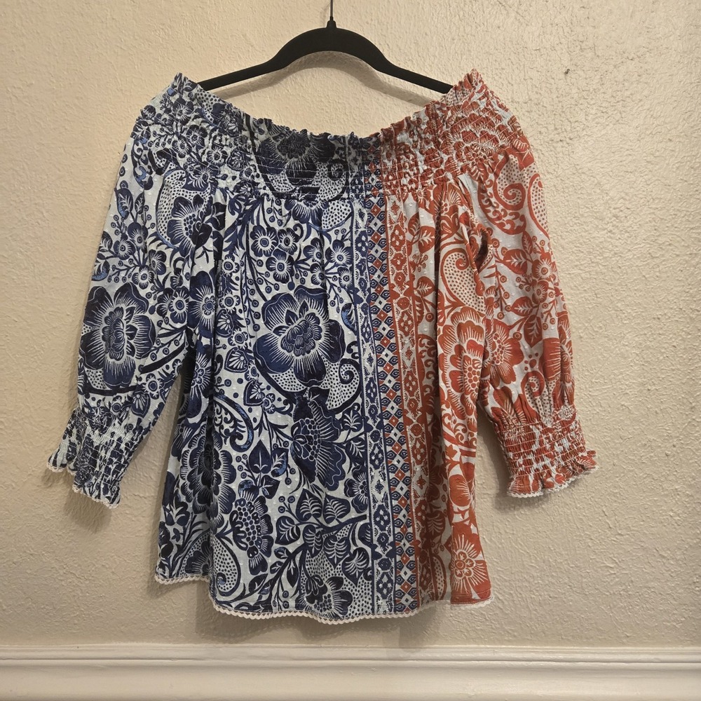Chico's Off The Shoulder Cotton Peasant Blouse Red White Blue Size 0 (US 4)